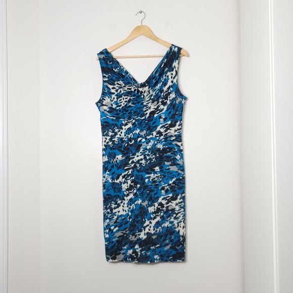 Ann Taylor Sleeveless Midi Dress V Neckline Stretch Leopard Print Blue Womens L - Picture 1 of 12